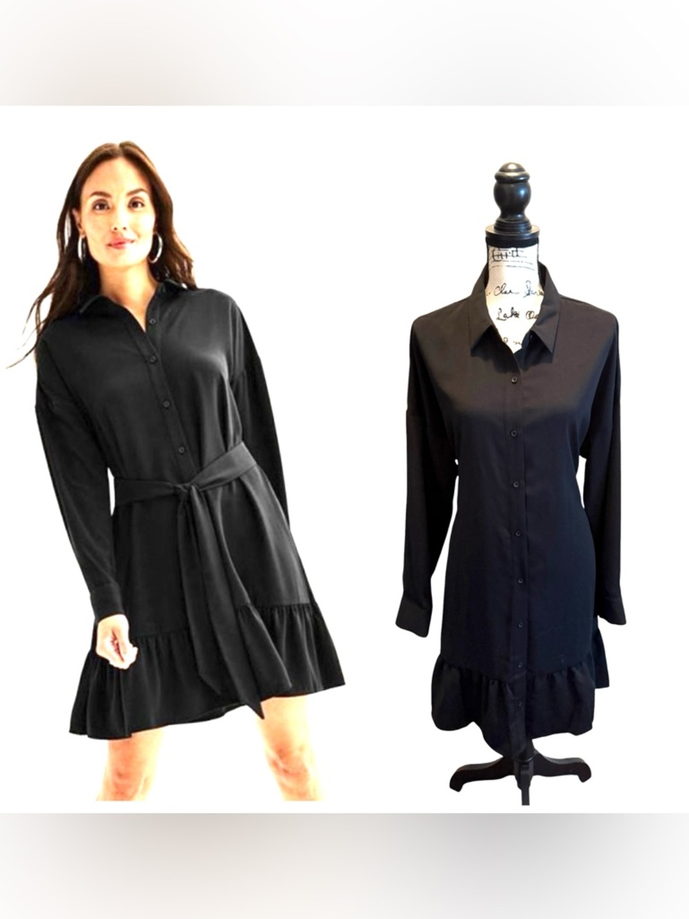 Nine West Classic Black Shirt Dress Tie Waist Ruffle Hem Size XLarge NWOT